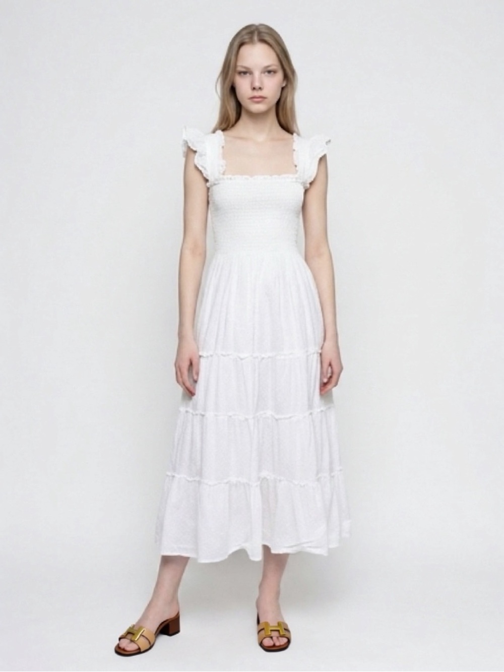 Kourt NWOT Smocked Maxi Dress, Ruffle Shoulders, Cotton, White/Swiss Dot, S